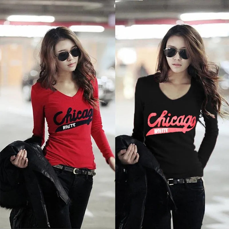 Long Sleeve V neck Women tops tee Letter Printed Casual Women Clothing Black Red Cotton Slim Female Women Tops & Tees