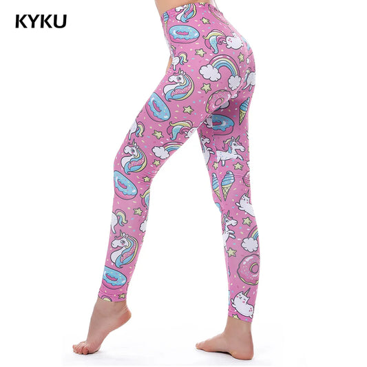 KYKU Brand Unicorn Women Legging Fitness Legging Sexy Pants High Waist Push Up Shiny 3d Printed Rainbow Star Cat Donuts