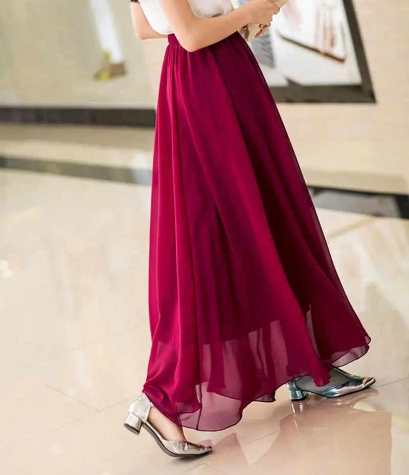 Women's Elegant High Waist Chiffon Skirt Elastic Waist Casual Long Maxi Skirts Saias 80/90/100cm 22 Color Summer Autumn New - Women Skirts - Women Long Skirts