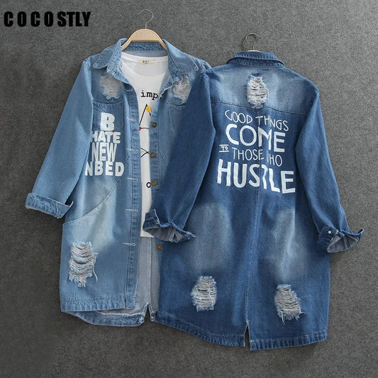 Ladies Denim Jackets Women Spring Turn Down Collar Hole Long Sleeve Casual Denim Jacket Women Jeans Coats Outerwear Plus Size 8XL