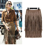 Fashion Vintage Skirts New Heavy Hierarchical High Waist Straight Leather Skirt Fringed Suede Tassel Saias Skirts Women Casual Women Skirt