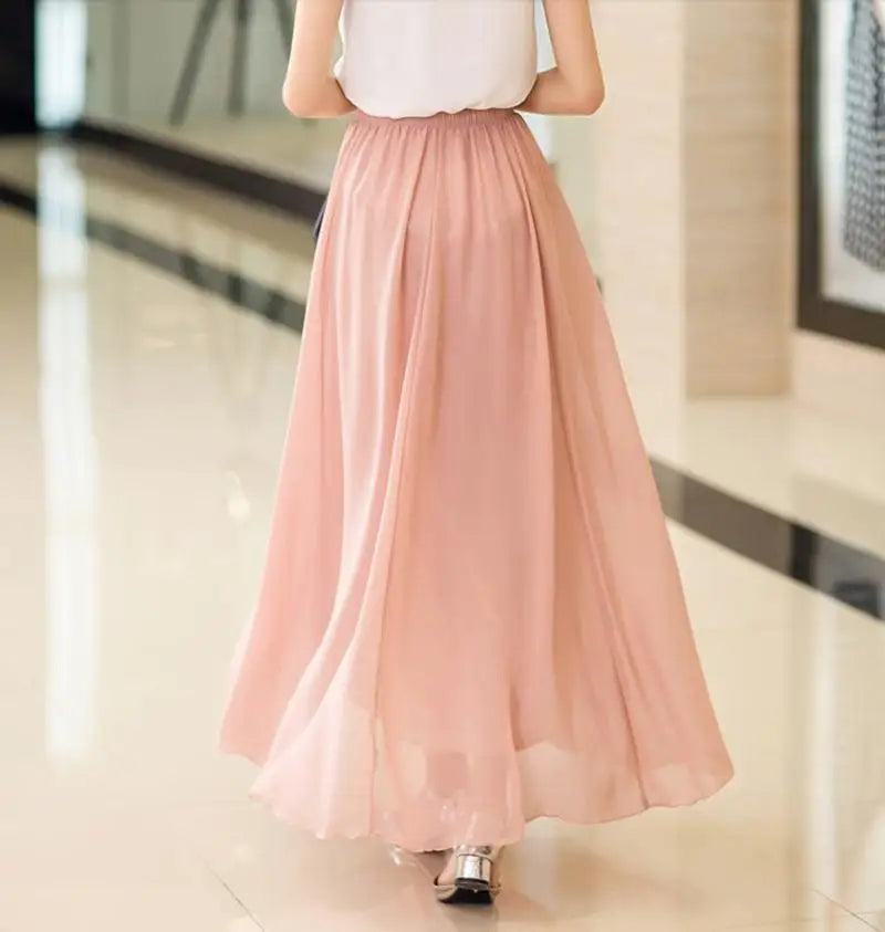 Women's Elegant High Waist Chiffon Skirt Elastic Waist Casual Long Maxi Skirts Saias 80/90/100cm 22 Color Summer Autumn New - Women Skirts - Women Long Skirts