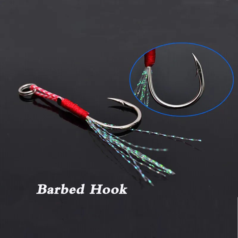 5pcs/lot Fishing Cast Jigs Assist Hook Barbed Single Jig Hooks Thread Feather Pesca High Carbon Steel fishing lure slow jigging Home Improvement Girl