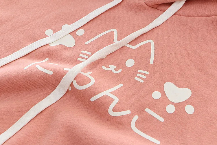 Japanese Kawaii Pink Sweatshirt Women Harajuku Anime Cat Clothes Mori Girl Preppy Warm Lovely Cute Paw Graphic Pullover Moletom - Women Jacket