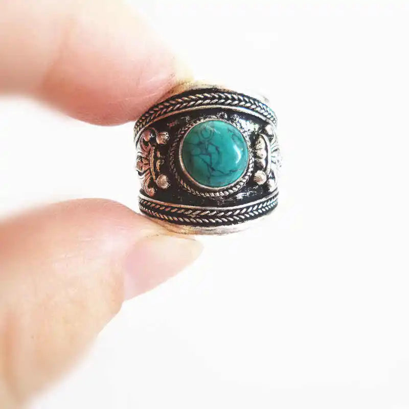 Tibetan Rings for Man Metal Copper Inlay Simulated Turquoise Open Ring Tibet Dorje Amulet R137 - Women Jewellery - Women Accessory