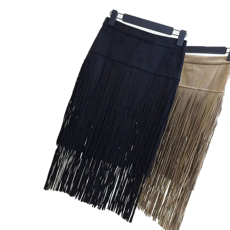 Fashion Vintage Skirts New Heavy Hierarchical High Waist Straight Leather Skirt Fringed Suede Tassel Saias Skirts Women Casual Women Skirt