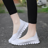 Summer Casual Flats Breathable Female Sneakers Woven Walking Slip-On Ladies Loafers Handmade Women Shoes - Girls Shoes