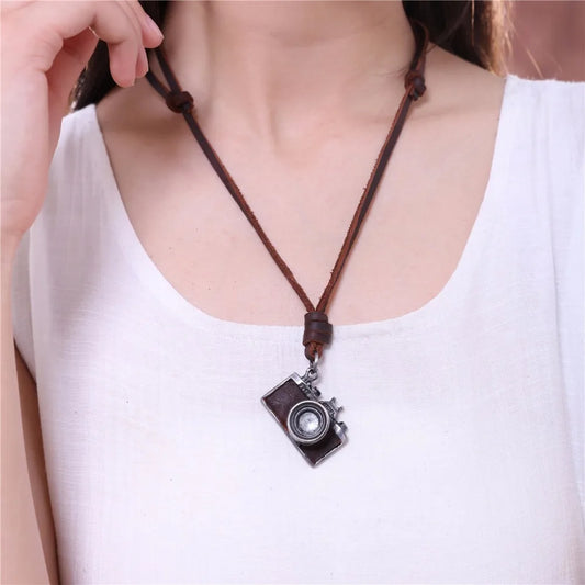 Men Necklace New Jewelry Camera Pendant Maxi Necklace Men Woman choker Genuine Leather Necklace collier item - Women Accessory - Men Accessory