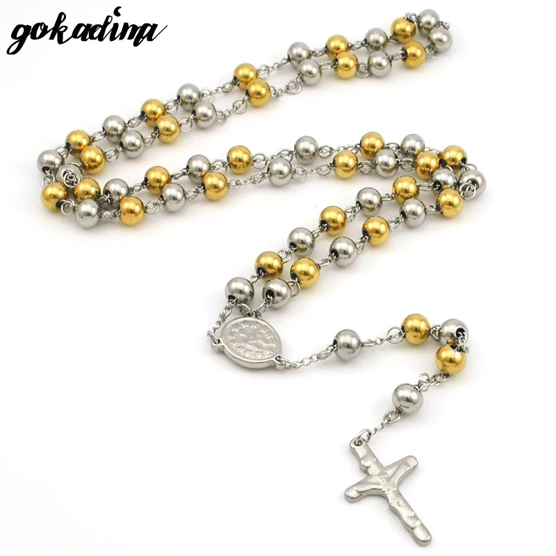 Gokadima 8mm, Christmas Religious Jewelry Catholic, Stainless Steel Necklace Cross for Men Beads Rosary Necklace - Men Jewellery - Men Accessory