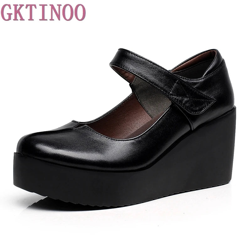 GKTINOO Spring Leather Women's Pumps Platform Wedges Round Toes Ankle Strap Black High Heels Girls Shoes