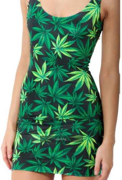 BIVIGAOS Fashion Summer Style Vestidos Woman Dress Marijuasnaes Weed Leaf Black Milk Fashion Mujer Bandage Beach women casual