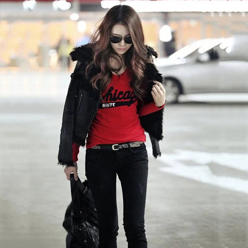 Long Sleeve V neck Women tops tee Letter Printed Casual Women Clothing Black Red Cotton Slim Female Women Tops & Tees