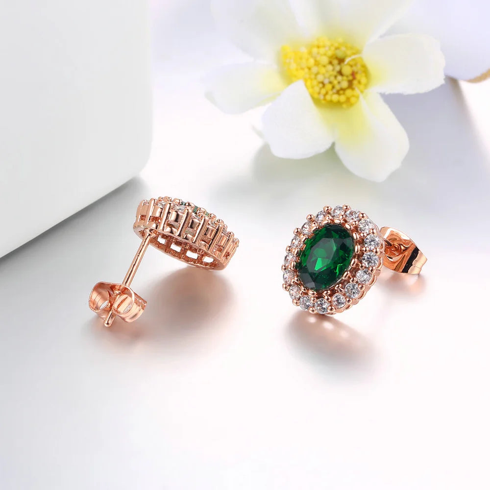 Wedding Jewelry Set For Women Rose Gold Color Created Green Austrian Crystal With 3 Pcs Ring + Necklace + Earrings - Women Jewellery - Girl Jewellery - Women Accessory - Girl Accessory