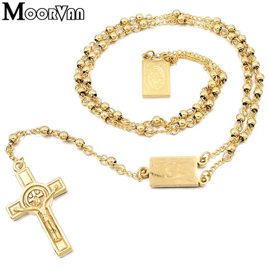 Moorvan 4mm,66cm long gold colour men rosary bead necklace Stainless steel Religion of Jesus, women cross jewellery, 2 colours  - Women Jewellery - Girl Jewellery