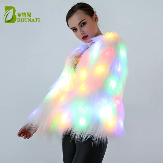 6XL Women Faux Fur LED Light Coat Christmas Costumes Cosplay Fluffy Fur Jacket Outwear Winter Warm Festival Party Club Overcoat - Women Jacket