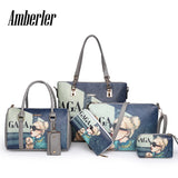 Amberler High-Quality PU Leather 6 Pieces Set Printed Shoulder Bag Ladies Crossbody Bags Large Capacity Tote Bags women handbags