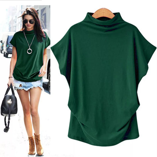 Women Casual Turtleneck Short Sleeve Cotton Girl Solid Shirt Female Plus Size Solid girl clothing fashion Women Tops