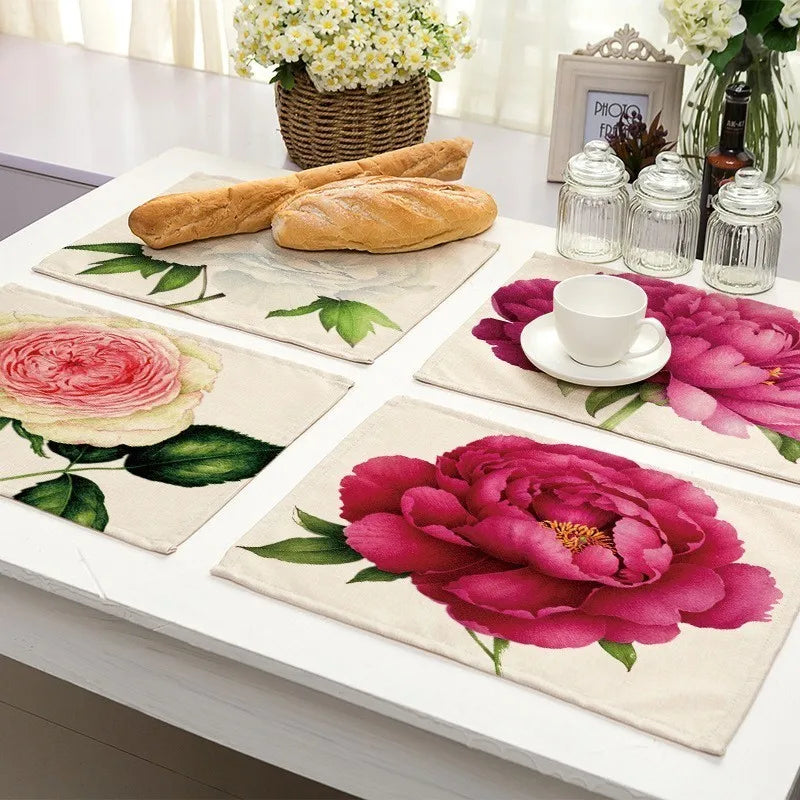 1Pcs Flower Pattern Placemat Table Mat Drink Coaster Cotton Linen Pads Bowl Cup Mats 42*32cm Kitchen - Smart Home