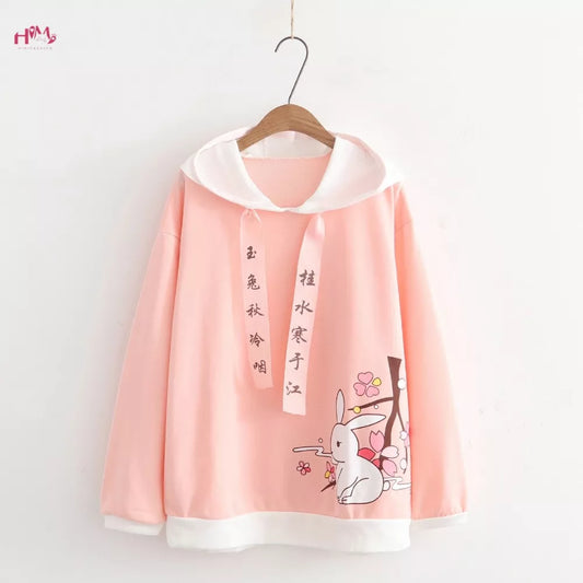 Japanese Female Cute Anime Graphic Pink Hoodies Pullover Mori Girl Kawaii Bunny Cartoon Words Moletom Kpop Hooded Sweatshirts - Women Jackets - Girl Jacket