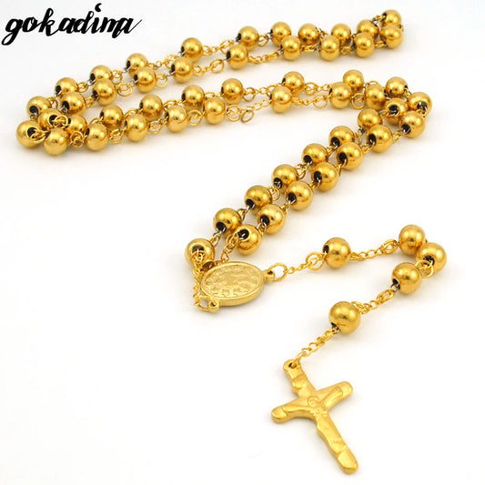 Gokadima 8mm, Christmas Religious Jewelry Catholic, Stainless Steel Necklace Cross for Men Beads Rosary Necklace - Men Jewellery - Men Accessory