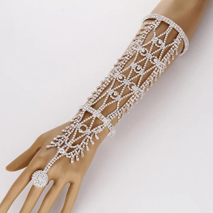 Women Copper Wrist Arm Double Three Band Bracelet Chains Slave Ring Statement Pave Crystal Rhinestone Hand Chain Cuff  - Women Jewellery - Women Accessory
