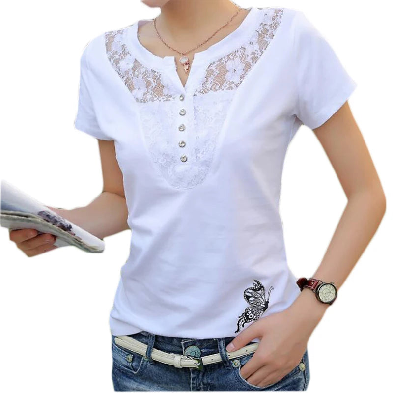 Summer T-shirt Lady Top Tees Cotton White Tshirt Female Brand Clothing T-Shirt women tops - women casual