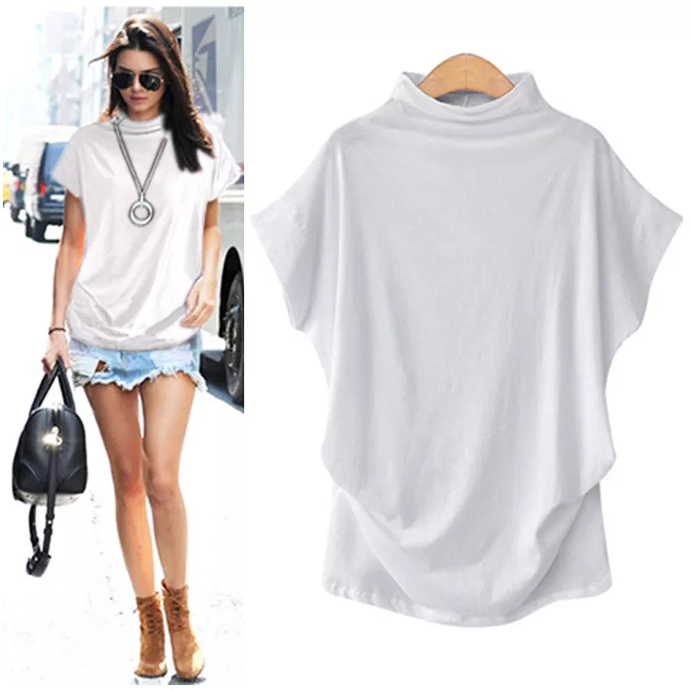 Women Casual Turtleneck Short Sleeve Cotton Girl Solid Shirt Female Plus Size Solid girl clothing fashion Women Tops