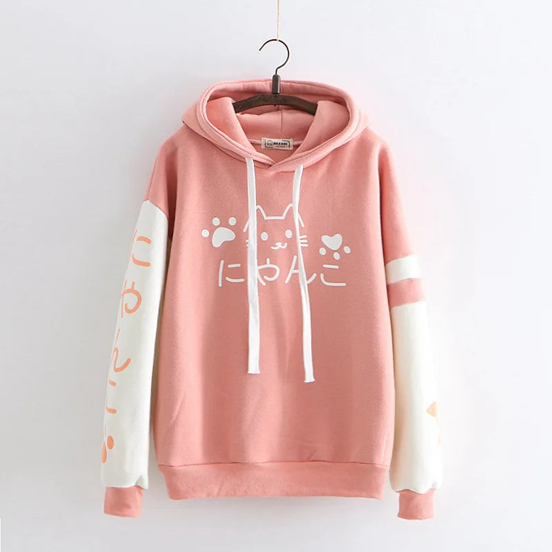 Japanese Kawaii Pink Sweatshirt Women Harajuku Anime Cat Clothes Mori Girl Preppy Warm Lovely Cute Paw Graphic Pullover Moletom - Women Jacket