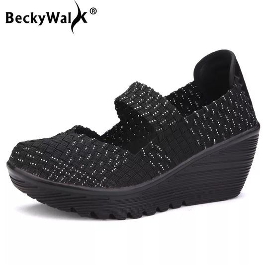 BeckyWalk Spring Platform Summer Woven Flat Wedge Multi Colors Women Shoes