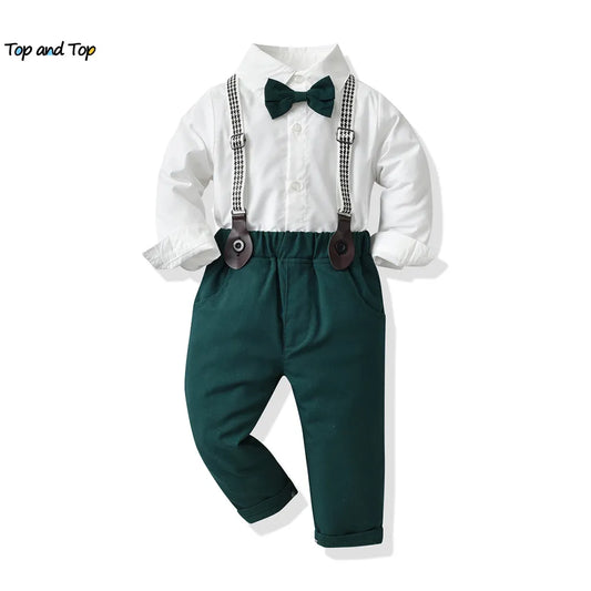 top and top Children Boys Formal Clothing Set Toddler Boy Gentleman Long Sleeve White Shirt+Suspenders Pants Clothes Outfits Boys Shirt - Boys Clothing