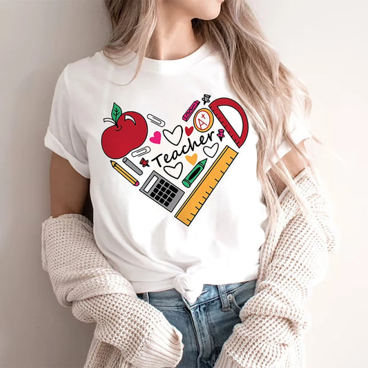 Teacher Summer White T-shirt Fashion Casual Regular Graphic Print Short Sleeve Female Matching Clothes Teacher's Gift women tops