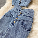 Amolapha Women Jeans Vest+Skirts Sets Straps Tops Buttons Denim Skirt Suits Women Jeans