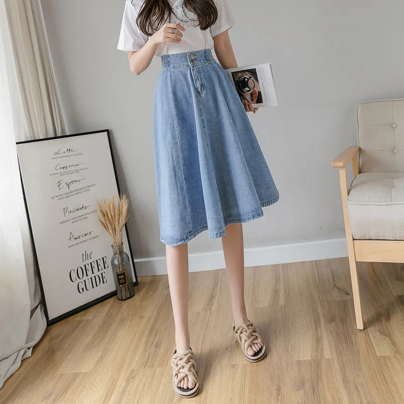 Vintage Elastic High Waist Ladies Denim Skirt New Spring Summer Streetwear Big swing Saia Midi Button A-line Girls Skirt- Women Jeans