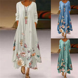 Summer Floral Print Long Sleeve Dresses Woman O Neck Buttons Irregular Hem Maxi Dress Loose Plus Size Party Vestidos Long Dress Women Casual - Women Dress For Work