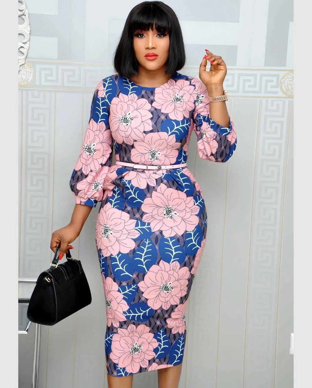 Woman Bodycon Printed Dress Three Quarter Sleeves Midi Ladies Wear Elegant Classy Vestidos African Female Women Dress For Work - Women Plus Size Clothing