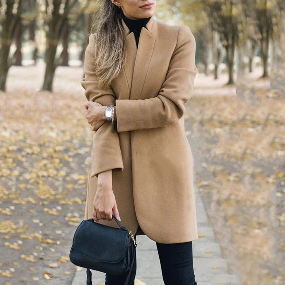 Fashion Woolen Coat Office Lady Autumn Solid Color Stand Collar Woolen  Women Plus Size Clothing