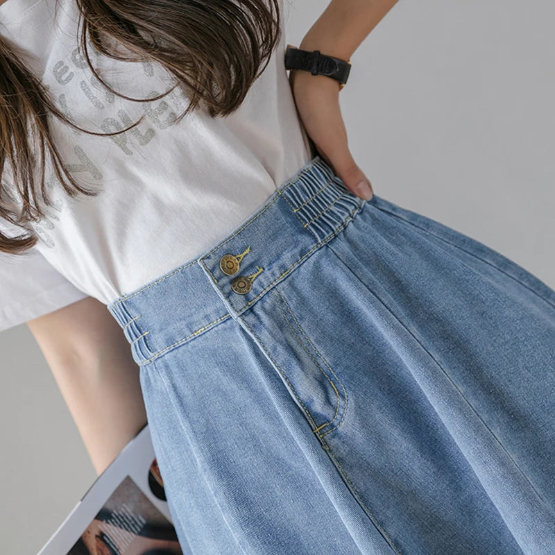 Vintage Elastic High Waist Ladies Denim Skirt New Spring Summer Streetwear Big swing Saia Midi Button A-line Girls Skirt- Women Jeans