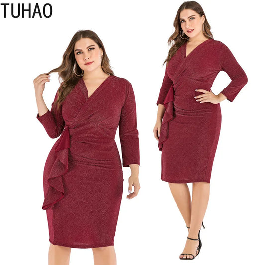 TUHAO Mother Office Lady Elegant Dress Spring Long Sleeve Ruffles Dresses Plus Size 5XL 4XL 3XL Woman Work Dress - Women Tees
