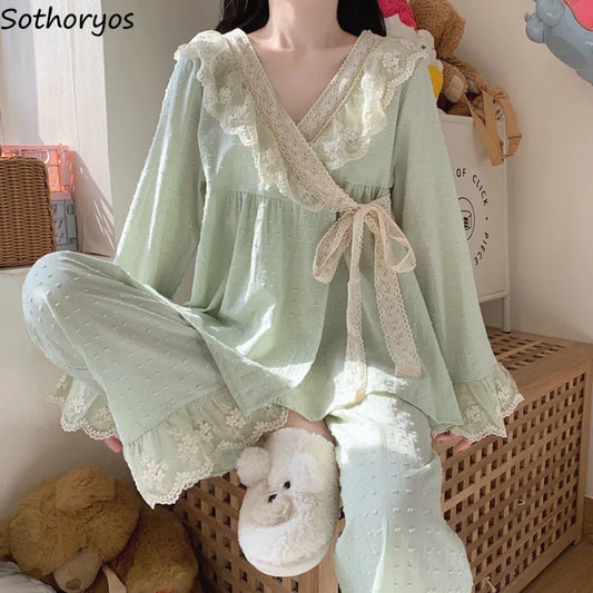 Fairy V-neck Lace Spring Pajama Sets Women Sashes Kimono Designed Loose Elegant Tender Stylish Chic Japan Sleepwear women lounge