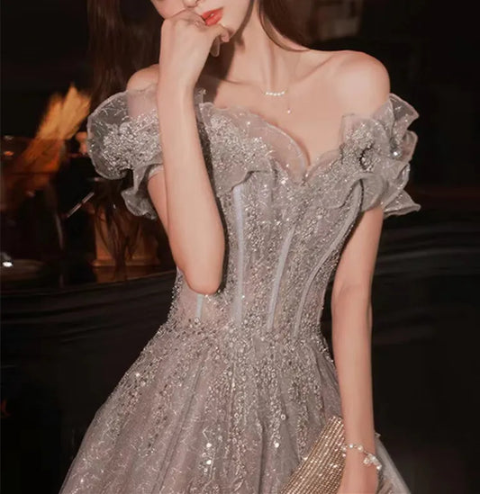 Elegant Gray Flowers Evening dress Off Shoulder Shiny Sequin Lace A-line Ruched Lace-up Woman Formal Party Gowns New Women Prom - Women Casual