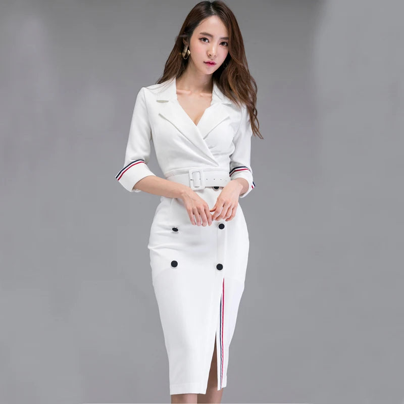 New Autumn Winter Formal Dress Elegant White Half Sleeve Slim Women Dress For Work