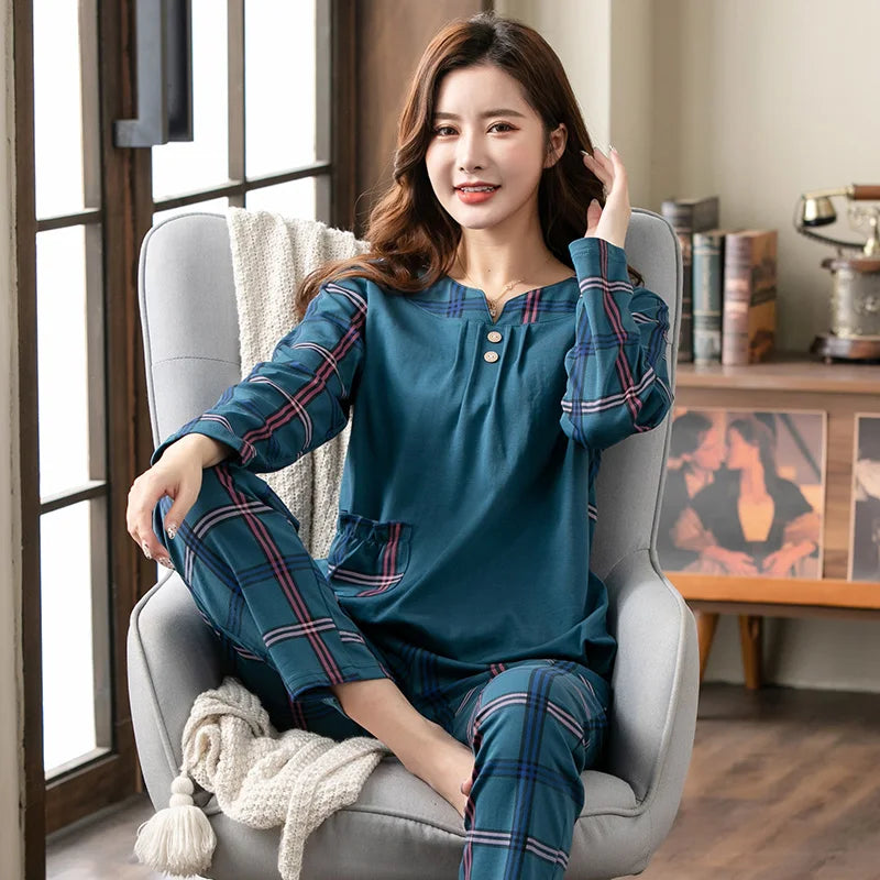 Pyjamas Female Lattice Stitching Pure Cotton Fashion Long Sleeve Pajamas Set 2Piece/set Sexy Spring Home women lounge