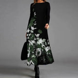 Loose Long Sleeve Vintage Floral Print Dress Round Neck Autumn Loose Dress Elegant Femme Party Dress Large Size Women Casual - Women Prom - Women Tees