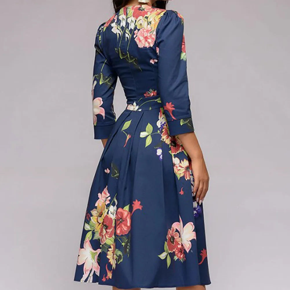 Fashion Woman Dress Elegant Fashion Floral Print Sleeve Round Neck A-line Slim Fit Ruched Evening Party Dress Women Plus Size Clothing - Women Prom