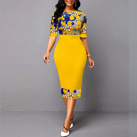 Summer Dress Yellow Elegant Floral Print Party Dress O-Neck Half Sleeve Slim Office Work Vestidos Sexy Bodycon Women Dress For Work