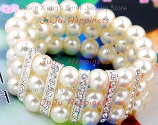 Fashion Three Rows White/Ricewhite Glass Pearl Beads Stretchy Bracelet With Clear Rhinestone Accessory One Piece - Women Jewellery - Girl Jewellery - Women Accessory - Girl Accessory