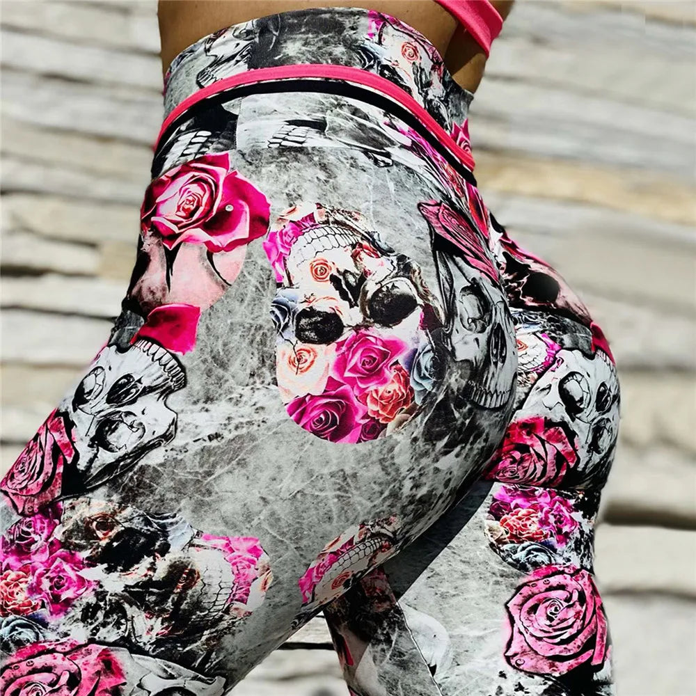 FCCEXIO The Skeleton Rose 3D Print Woman Pants Push Up Running Sports Leggings Slim Pants Female Casual Trousers Fitness Women Legging