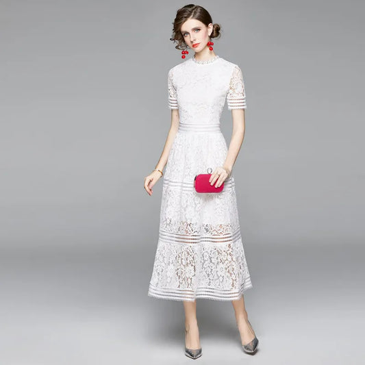 Summer Woman High-Quality Elegant Slim Hollow Out A-line Lace Midi Dress green white pink Women Casual