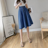 Vintage Elastic High Waist Ladies Denim Skirt New Spring Summer Streetwear Big swing Saia Midi Button A-line Girls Skirt- Women Jeans