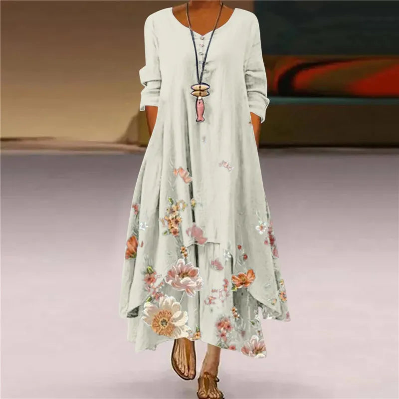 Summer Floral Print Long Sleeve Dresses Woman O Neck Buttons Irregular Hem Maxi Dress Loose Plus Size Party Vestidos Long Dress Women Casual - Women Dress For Work